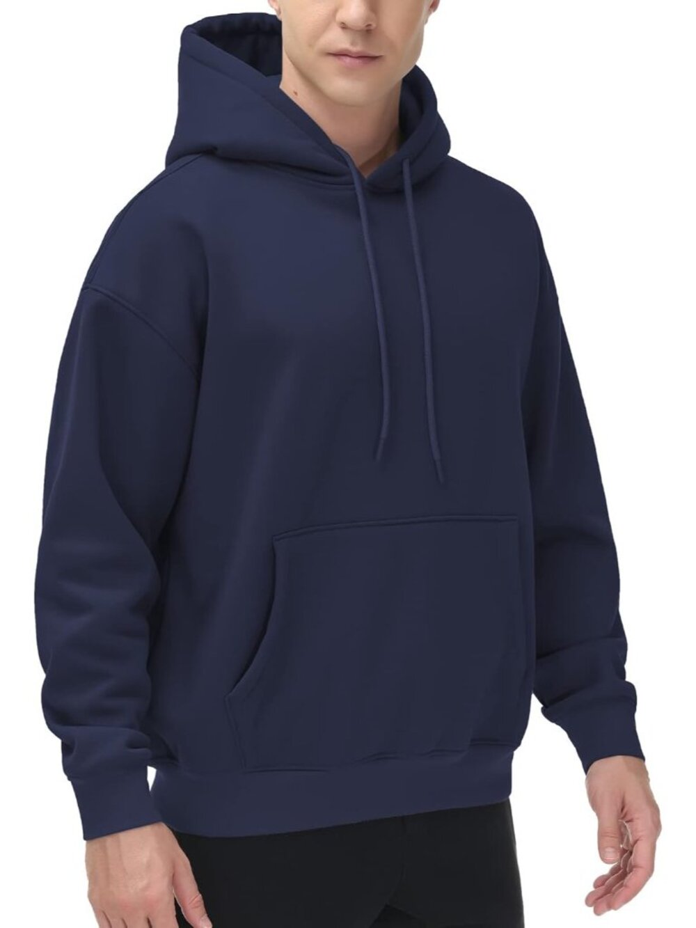 Men's Navy Blue Fleece Lining Pullover Loose Fit Drawstring Hooded Sweatshirts
